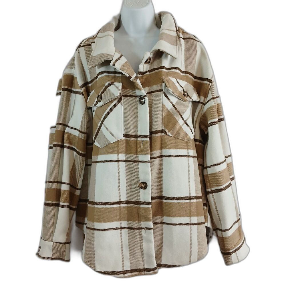 Love Tree Flannel Jacket Brown Tan Plaid Shacket Sz 1X Casual Outdoor Work Cabin